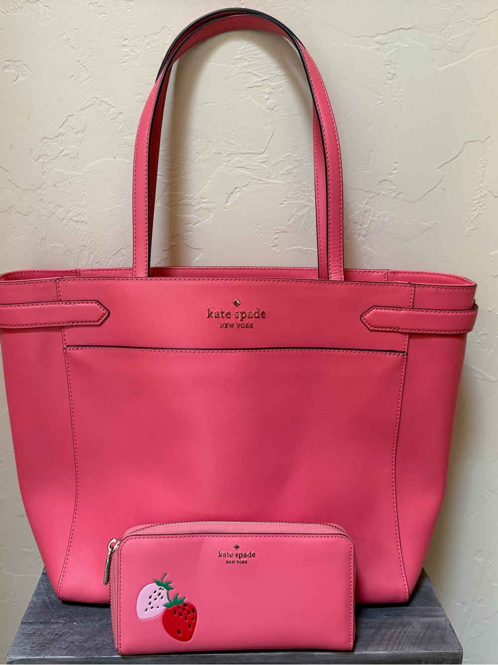Pink Kate Spade Staci laptop Tote with Matching Strawberry Wallet